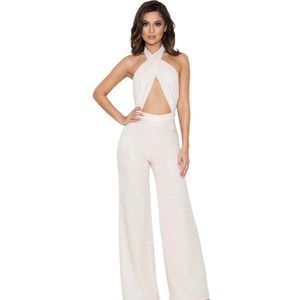 House of CB Womens Jumpsuit Santiaga Cream Sequin Wrap Front Cutout Wide Leg S